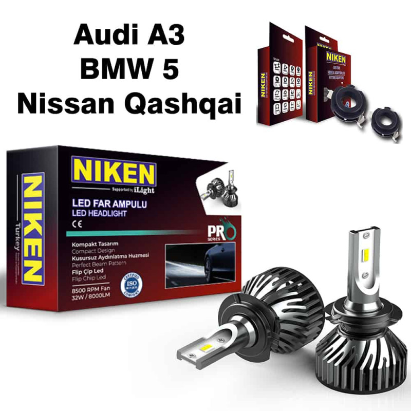 Audi A3 / BMW 5 / Nissan Qashqai headlight LED H7 NIKEN Pro Series and adaptors set