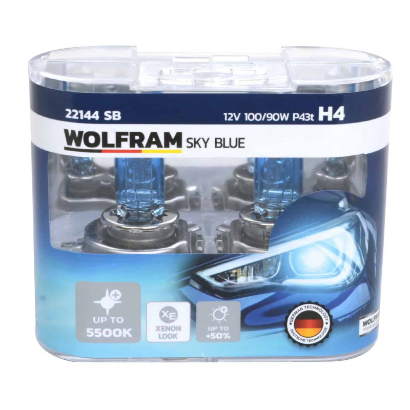 Halogen Sky Blue H4 100/90W 12V P43t +5500K Pure White +50% more Light +XE Xenon Look