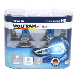 Halogen Sky Blue H11 55W 12V PGJ19-2 +5500K Pure White +50% more Light +XE Xenon Look